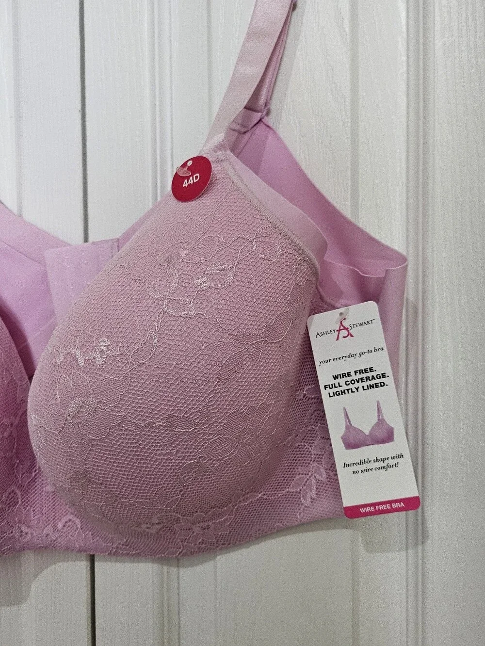 Ashley Stewart Wire Free Bra 44D Pink Lace Full Coverage Lightly Lined Comfort